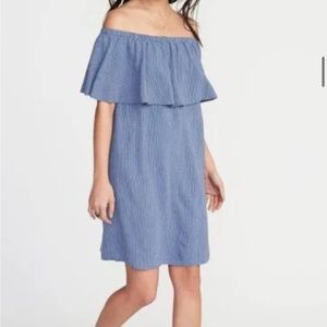 Off-Shoulder Blue Stripe Strapless Dress